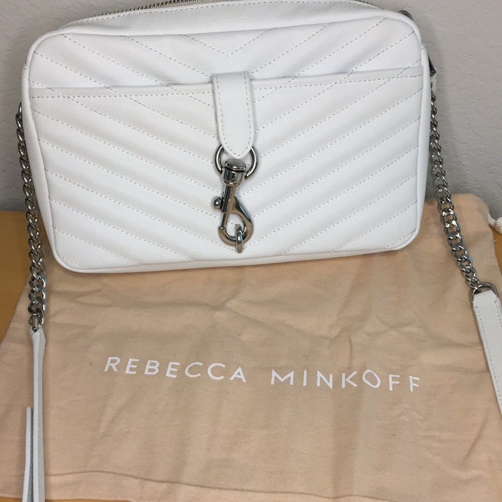 Rebecca Minkoff Edie Quilted Chevron Crossbody Camera Bag Purse Bright White